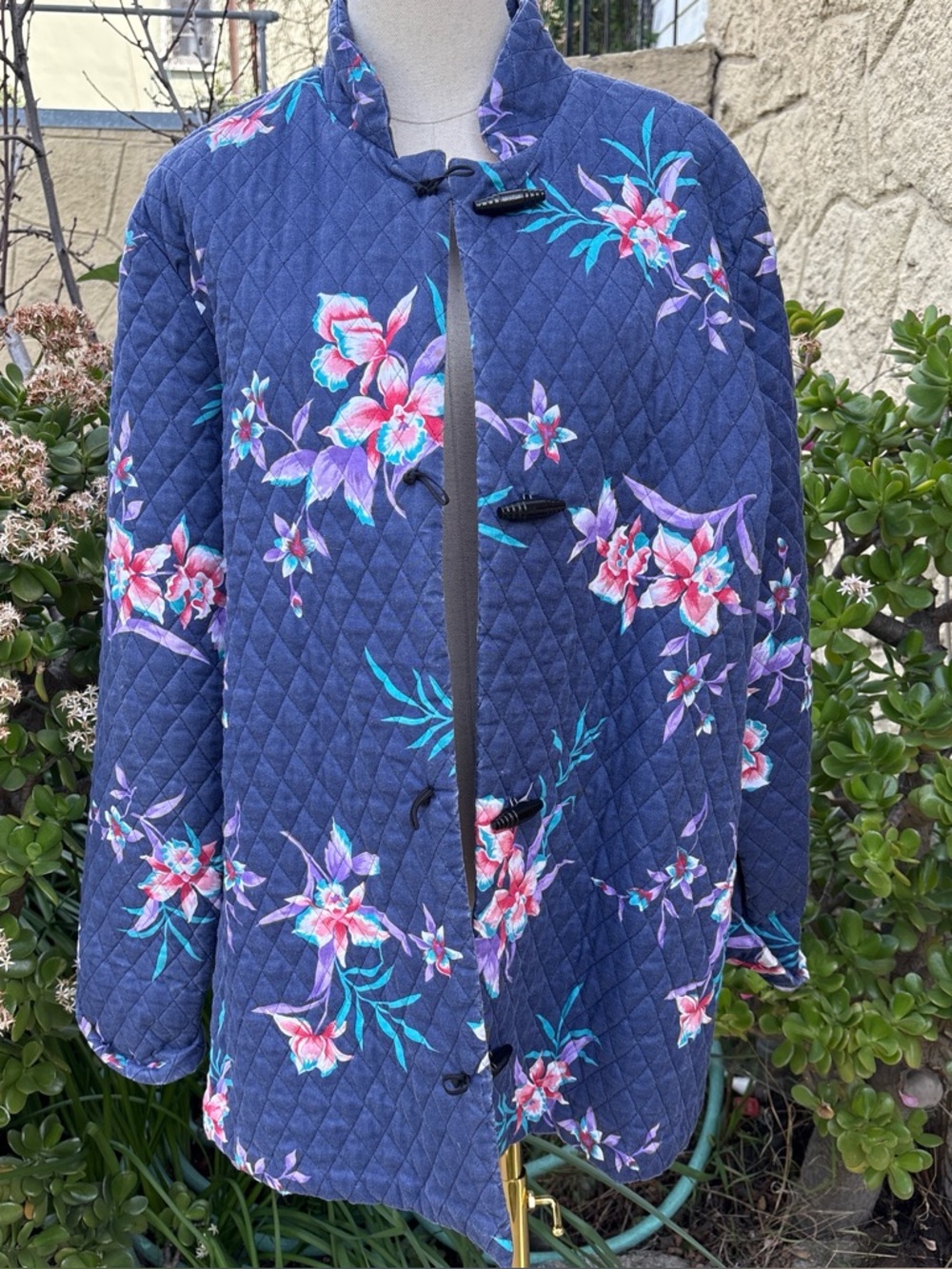 Blue Quilted Floral Jacket with High Neck